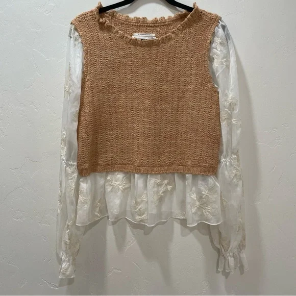 Anthropologie Layered Sweater Vest Blouse Tan White Sheer Floral Women's Medium - Picture 5 of 16